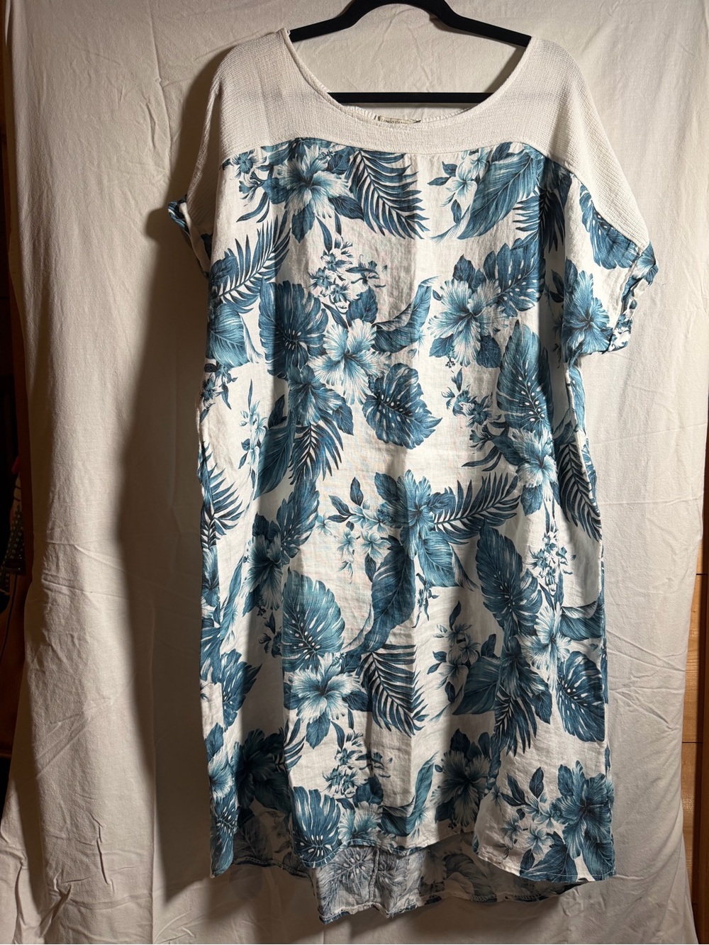 White Midi Dress with Blue Floral Print 100% Linen high quality